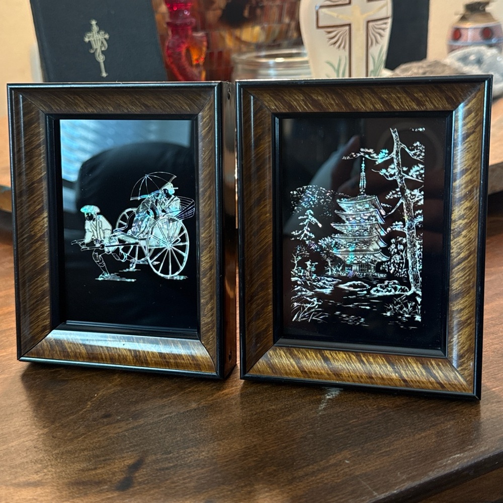2 Vintage reverse painted with mother of pearl inlay pictures